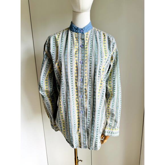 Vintage 80s Cottage Core Western Blouse Chambray Size Small Made USA Yellow Blue - Picture 5 of 10
